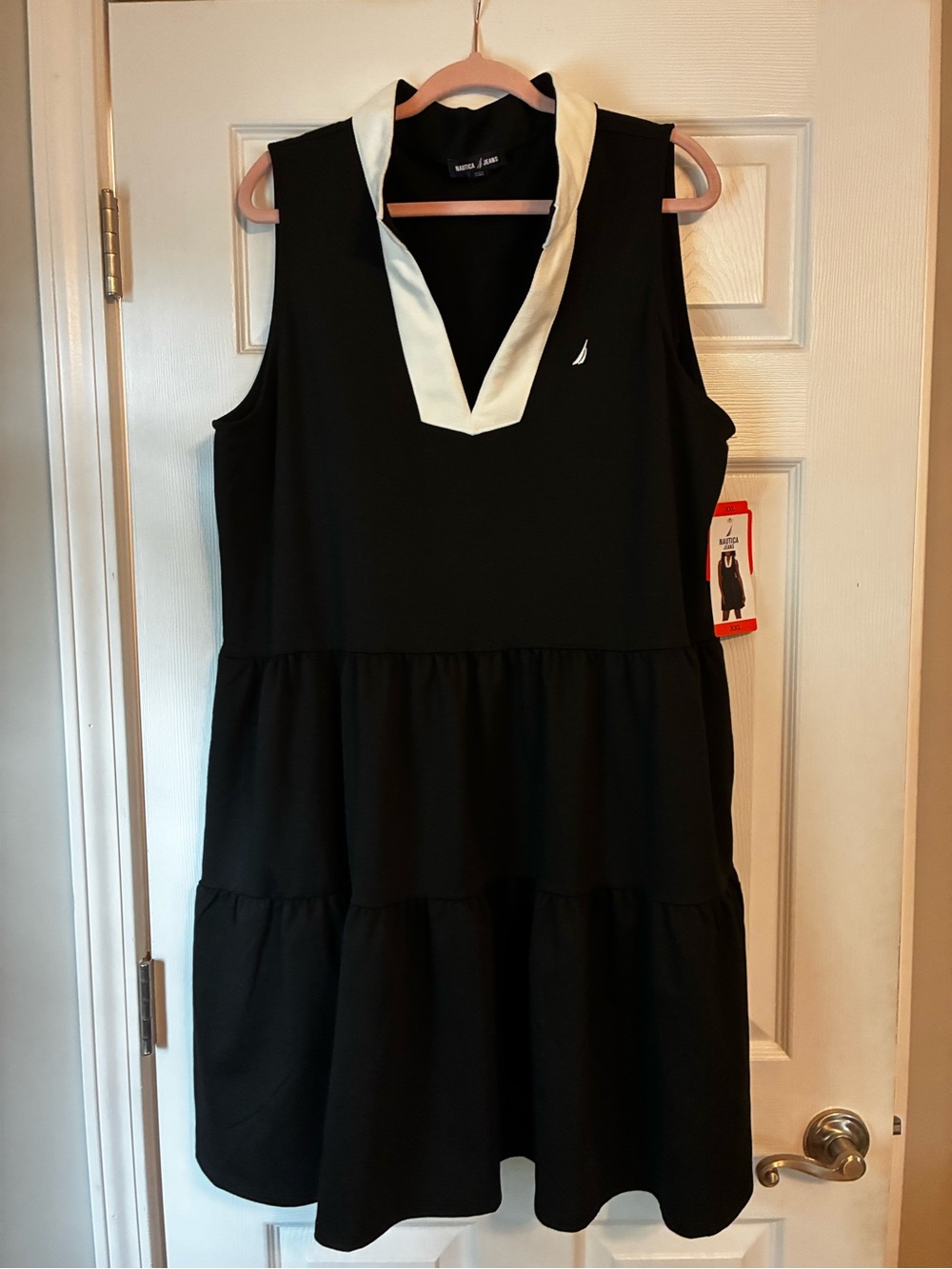 Nautica Black Tiered Mini Dress with White V-Collar and Pockets